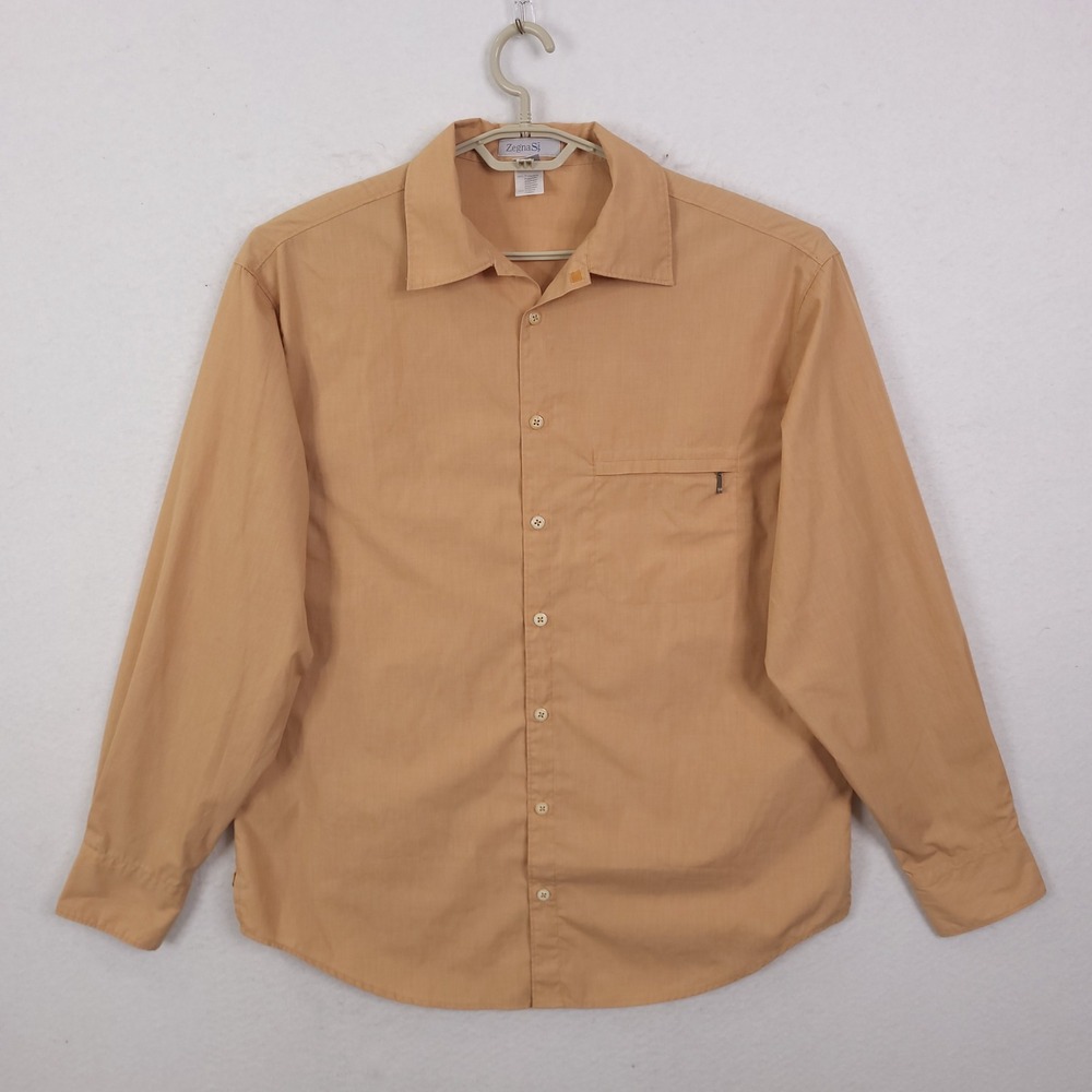 Zegna Sport Button Up Shirt Mens Long Sleeve Tan Zipper Pocket Large Casual